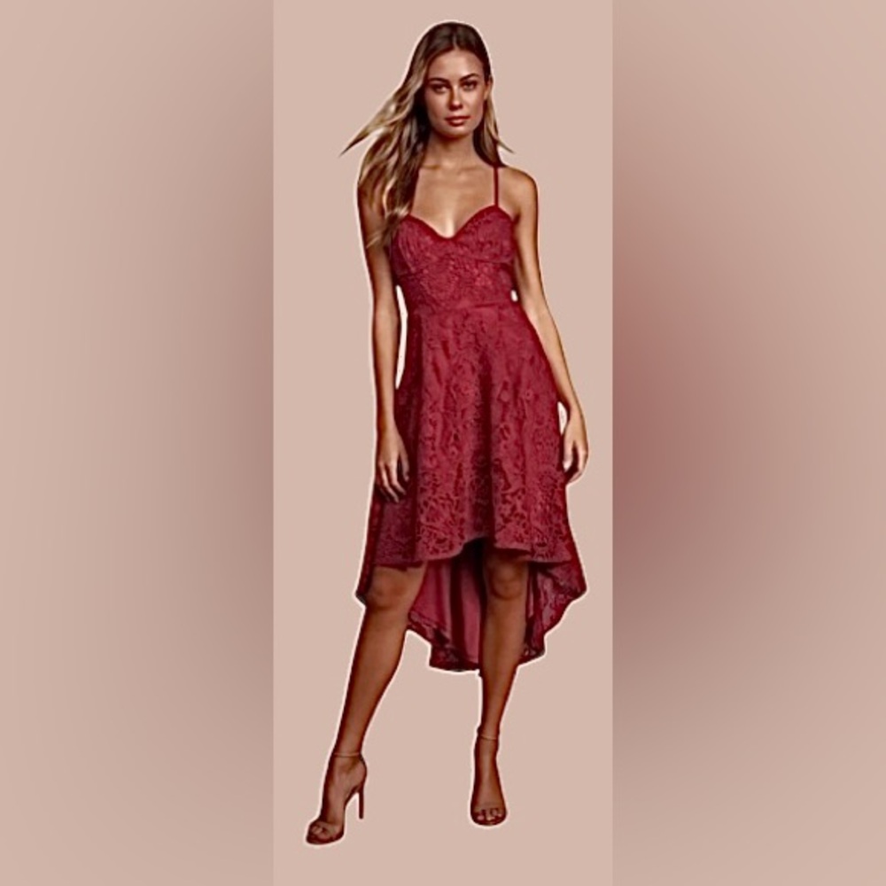 ♥️LULUS! “SO ADORED” BURGUNDY CROCHET LACE SLEEVELESS HIGH-LOW DRESS! ♥️ - Picture 1 of 16